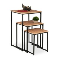 Relaxdays Lot de 3 Tables d’appoint, empilables, 3 Tailles, carrées, métal, pour Le Salon, déco, Nature - Noir