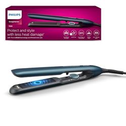 Philips 7000 Series - Lisseur, technologie ThermoShield, ionique, plaques avec revêtement céramique infusé à l'huile d'argan, bleu canard métallisé, modèle BHS732/00
