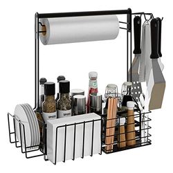 BBQ en Grill Caddy met papieren handdoekhouder, ijzeren stalen handvat & 4 haken - Camper Accessoires Specerij Caddy - Borden, Bestek en BBQ Organizer voor Camping Outdoor Grilling Tool Accessoires