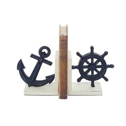 Deco 79 Metal Anchor and Ship Wheel Bookends, Set of 2 6"W, 6"H, Blue