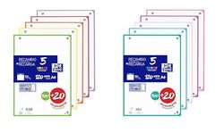 Oxford - Hojas cuadriculadas A4, Pack de 2 Recambios, 200+40 Hojas Cuadrícula 5x5, Bandas 5 colores pastel y 5 vivos