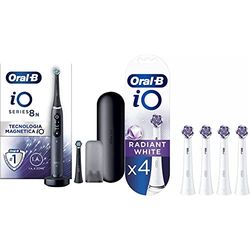 Oral-B Spazzolino Elettrico Ricaricabile iO 8n Nero, 2 Testine, 1 Custodia Da Viaggio & Testine Di Ricambio iO Radiant White, Confezione Da 4 Pezzi