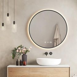 EMKE Espejo LED Redondo de Baño, ø70cm,Marco Negro, antiempañante, con visualización de Hora y Temperatura, luz Neutra, Intensidad Ajustable, Espejo de baño con iluminación, IP44