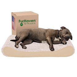 FurHaven Cama para cães, pêlo sintético, ultra pelúcia (creme), 91 x 61 x 14 cm (L x W x A)