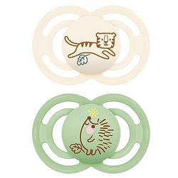 MAM Perfecte fopspeen in set van 2, voor een gezonde tand- en kaakontwikkeling, babyfopspeen van duurzame en biologisch hernieuwbare materialen, met fopspeenbox, 6-16 maanden, tijger/egel