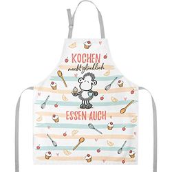 Sheepworld Saying Kochen Macht Glücklich | Tablier de cuisine en coton, 87 cm x 70 cm, multicolore, 47099, blanc