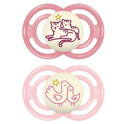 MAM Chupete que Brilla en la Oscuridad, a Partir de 16 Meses, Tetina Extra Delgada y Flexible de Silicona de Fácil Aceptación, con Caja Autoesterilizadora, MAM Perfect, Rosa Brillante, Pack 2uds