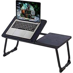 MEUBLE COSY - Mesa de cama con soporte para ordenador portátil plegable (altura regulable, tablero acabado de roble, base de metal, 65 x 30 x 27,5 cm), color negro