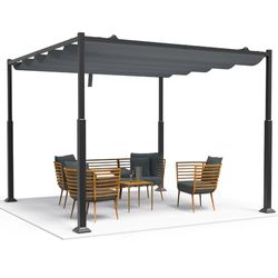 VOUNOT 3 x 3 m metalen pergola met intrekbaar dak, tuinhuisje met zonnescherm voor tuin, terras, buiten, grijs