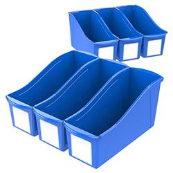 Storex Large Book Bin with Label Pockets, 14.3 x 5.3 x 7 Inches, Blue, 6-Pack (71115U06C)