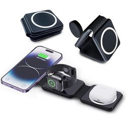 Hd-line Chargeur magnétique sans Fil 3 en 1, Pliable, Compatible avec iPhone 15, 14, 13, 12, Apple Watch Ultra 9/8/7/6/5/4/3/2/SE/AirPods 2/3/Pro, Chargeur Rapide, Noir