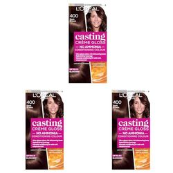 L'Oreal Paris Ammonia Free Semi-Permanent Hair Dye, 400 Dark Brown, Glossy Hair Colour, Natural Looking Finish, For up to 28 Shampoos, Casting Crème Gloss, 1 Application (Pack of 3)