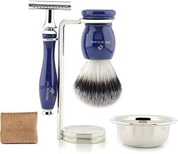 Rasoio di sicurezza a doppio bordo manuale da uomo set di rasatura con pennello da barba sintetico, ciotola in acciaio inossidabile, portaspazzole da barba e custodia in pelle JAG Shaving