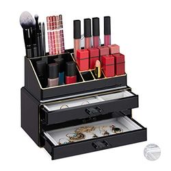 Relaxdays Organizador de Maquillaje (2 Piezas, con cajones, plástico, 18,5 x 23,5 x 15 cm), Color Negro y Dorado, 1 Unidad