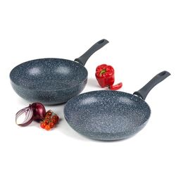 Russell Hobbs COMBO-4840A Blå marmor non-stick stekpanna och stekpanna set, 28 cm, 2 stycken, induktionshäll lämplig, laga med mindre olja, mjukt bakelithandtag