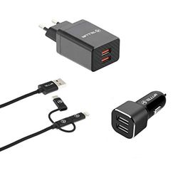 TELLUR reseavgifter kit laddare, billaddare, 3-i-1-kabel (mikro-USB och Lightning och typ C), svart