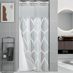 Yiatn Tenda da doccia senza gancio grigia piccola stalla con fodera in tessuto a scatto, stile hotel con finestra superiore in rete trasparente, design geometrico moderno a goccia, impermeabile e
