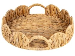 StorageWorks Scalloped Edge Round Tray, Round Serving Tray with Built-in Handles, Decoratve Tray for Coffee Table, Water Hyacinth Rattan Tray