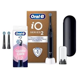 Oral-B Spazzolino Elettrico iO 2 Nero con 1 Testina + 2 Testine Oral B di Ricambio iO Series Gentle Care Nere Delicate Sulle Gengive, 3 Ricambi Spazzolini Elettrici