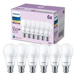 Philips LED Frosted A60 Light Bulb 6 Pack [Warm White 2700K - B22 Bayonet Cap] 100W, Non Dimmable. for Home Indoor Lighting