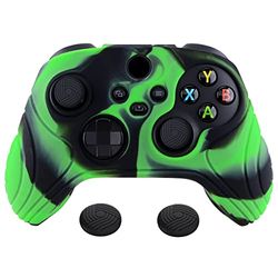 eXtremeRatePlayVital Samurai Edition Anti-Slip Controller Grip Silicone Skin, Ergonomic Soft Rubber Protective Case Cover for Xbox Series S/X Controller with Black Thumb Stick Caps - Green & Black
