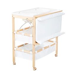 roba Móvel trocador com banheira dobrável 2 em 1 colchão branco acolchoado / impermeável 2 compartimentos, para bebés desde o nascimento, madeira natural
