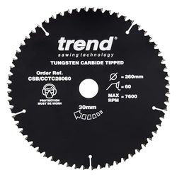Trend CraftPro CSB/CCTC26060 - Lâmina de serra de corte cruzado antiderrapante com gancho negativo, 260 mm x 60 dentes x 30 mm de diâmetro, ponta de carboneto de tungsténio, CSB/CCTC26060