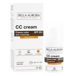 Bella Aurora, Creme facial com cor e proteção solar 50+, antimanchas, para pele normal ou seca