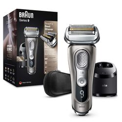 Braun Series 9 Electric Shaver 5, Electric Razor for Men With Clean & Charge Station & Leather Case, Gifts For Him, 2 Pin Bathroom Plug, 9385cc, Graphite Razor