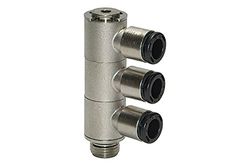 L-meervoudige verdeler 3-voudig "click-clock" draaibaar, G 1/8 a., voor buitenslang Ø 4 mm, werkdruk max. 16 bar, messing vern.