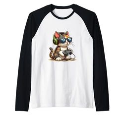 Divertente gatto gamer in occhiali da sole e cuffie carino gamer bambini Maglia con Maniche Raglan