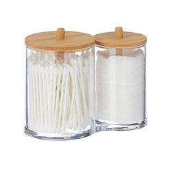 Relaxdays Porta Cotton Fioc, Bagno, Dispenser per Dischetti di Cotone, Plastica, Coperchi in bambù, Naturale Trasparente, 12 x 15 x 8.5 cm