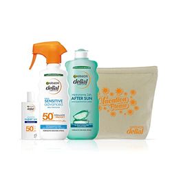 Garnier Delial Pack Summer - Spray do skóry wrażliwej IP50 270 ml + krem do twarzy Super UV z kwasem hialuronowym 40 ml + AfterSun z aloesem Vera 400 ml+ kosmetyczka na prezent