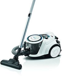 Bosch BGC41LSIL Stofzuiger zonder zak, ideaal voor mensen met allergieën, hygiënefilter, vloermondstuk voor parket, tapijt, tegels, stil, lange kabel, stofferingsmondstuk, 600 W, wit