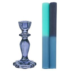 1 x Navy Coloured Glass Candlestick Candle Holder & 2 x Ombre Blue Dinner Candles Unscented Wax Candlesticks Ideal for Her or Him | Made by Talking Tables