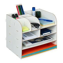 Relaxdays Desk Organiser, Office Supplies and Documents, Different Size Compartments, DIY, MDF, 27.5x32.5x25 cm, White, Fibreboard