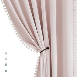Treatmentex Cortinas de Color Rosa Medio Opacas de 137 cm, Paneles de Cortina con Pompones Rosas para oscurecer la habitación del bebé, Cortinas térmicas para niñas y bebés, 2 Unidades