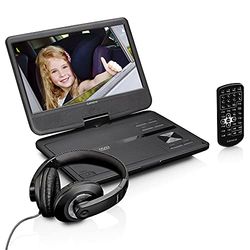 Lenco DVP-1010BK - Lettore DVD portatile da 10 pollici con cuffie e supporto per poggiatesta - batteria integrata - ingresso USB - lettore di schede SD - nero
