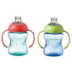 Nuby Grip N SIP Training Cup with Handle, Soft Spout and Splashproof Spout, 240 ml, Suitable from 4 Months (Pack of 2, Blue/Green)