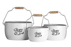 Premier Housewares La Cuisine De Mere grafisk metall växtkrukor förvaring krukor stål förvaring emalj krukor för växt stål hink set med 3, vit