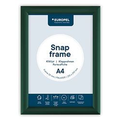 EUROPEL lightweight Snap frame A4, Green, Profile 25x11 mm, Anodized aluminum, anti-reflective protector, External dimensions 241x328 mm, Grey polystyrene back