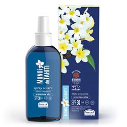 Helan, Monoï de Tahiti - Protector Solar en Spray 30 Corporal Transparente, Esteres de Manteca de Karité Pura y Vitamina E, Protección Solar 30 SPF Medio contra los UVA no graso no mancha 150 ml