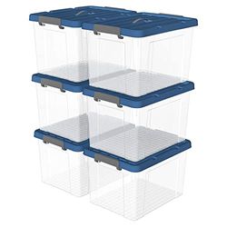 Cetomo 90L* 6 Plastic Opbergdoos, Tote doos, Transparante Organiserende Container met Duurzaam blauw Deksel en Veilige Klink Gespen, Stapelbaar en Nestable, 6Pack