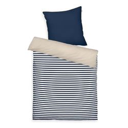 Herding TOM Tailor Bettwäsche Stripes with a Kick Dark Navy & Sunny Sand, 80x80 cm + 155x220 cm, 100% Baumwolle/Perkal, mit Wendemotiv, Farbiger Paspel Am Kissen und Markenreißverschluss