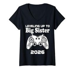 Womens Leveling Up To Big Sister 2026 Baby Announcement Sibling V-Neck T-Shirt