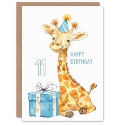 Artery8 11th Birthday Card Cute Giraffe Party Hat Cartoon Fun Kids Age 11 Year Old Child For Son Daughter Girl Boy Happy Card