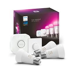 Philips Hue White and Color Ambiance, Starter Kit con 3 Lampadine Smart, Dimmerabili, Bluetooth, E27, 9W, Hue Bridge e Telecomando Smart Button inclusi