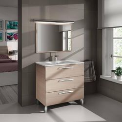 Dmora - Meuble sous-vasque Palmdale, Meuble de salle de bain, Meuble avec 3 tiroirs et miroir, lavabo non inclus, 80x45h86 cm, Chêne