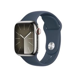 Apple Watch Series 9 (GPS + Cellular) - Caja de Acero Inoxidable en Plata de 41 mm - Correa Deportiva Azul tempestad - Talla M/L