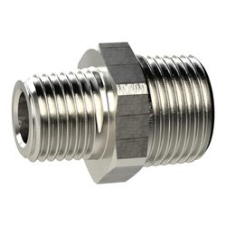 Raccord à double filetage, R 1/8 a, R 3/8 a, SW 19, laiton nickelé, pression de travail max. 25 bars, tampon de fonctionnement. Charge maximale : 150°C